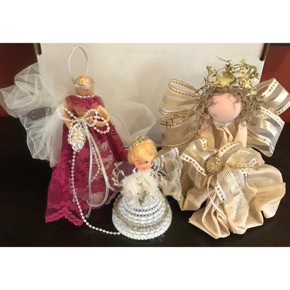 Handcrafted Angel Figurine Set of 3 With Ribbon & Lace Accents